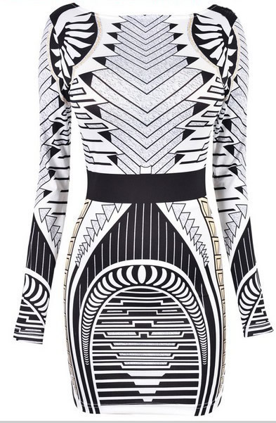 Herve Leger Black And White Geometric Jacquard Long Sleeve Dress